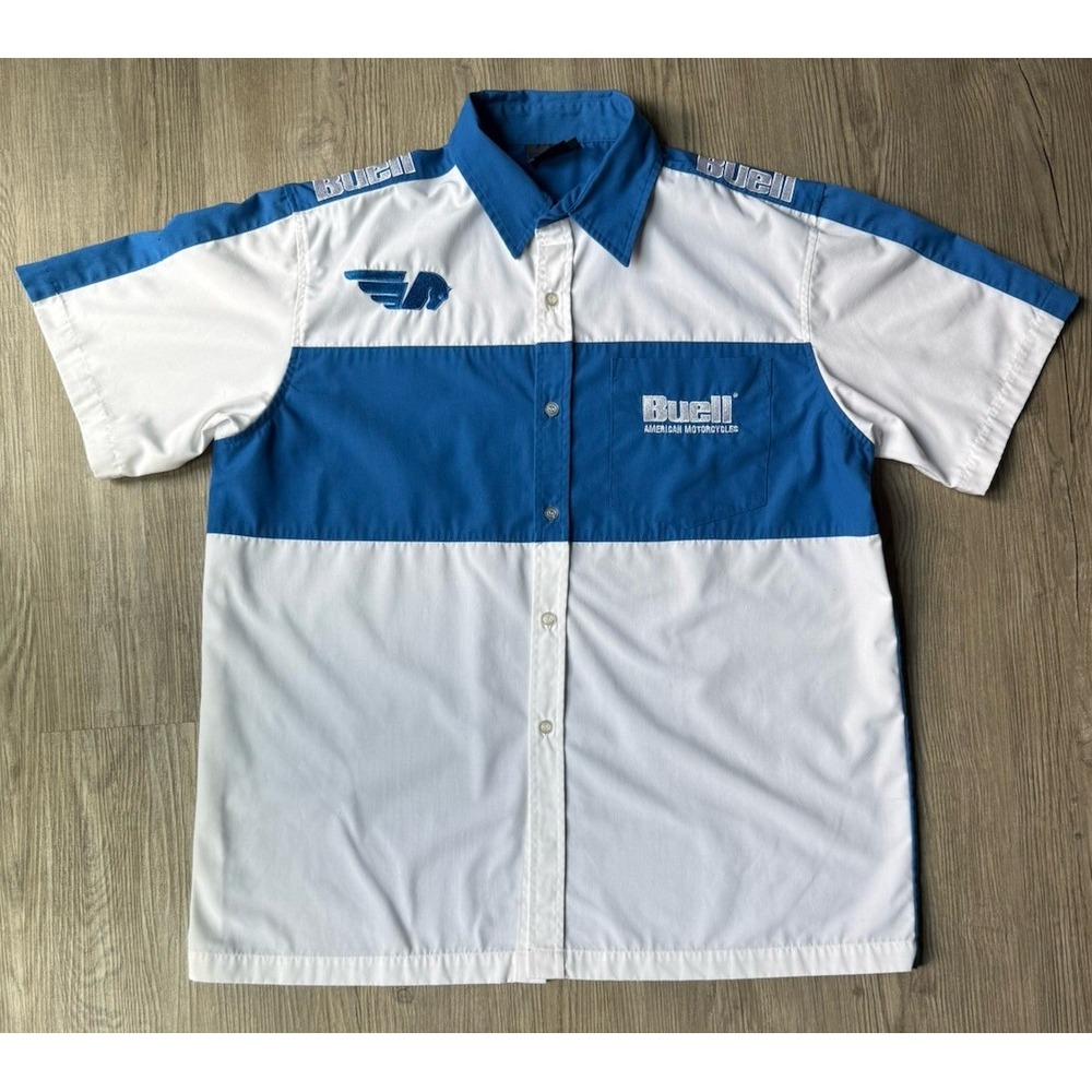 Buell Men's Blue White Motorcycle Mechanic Button-Up Work Shirt Size XL